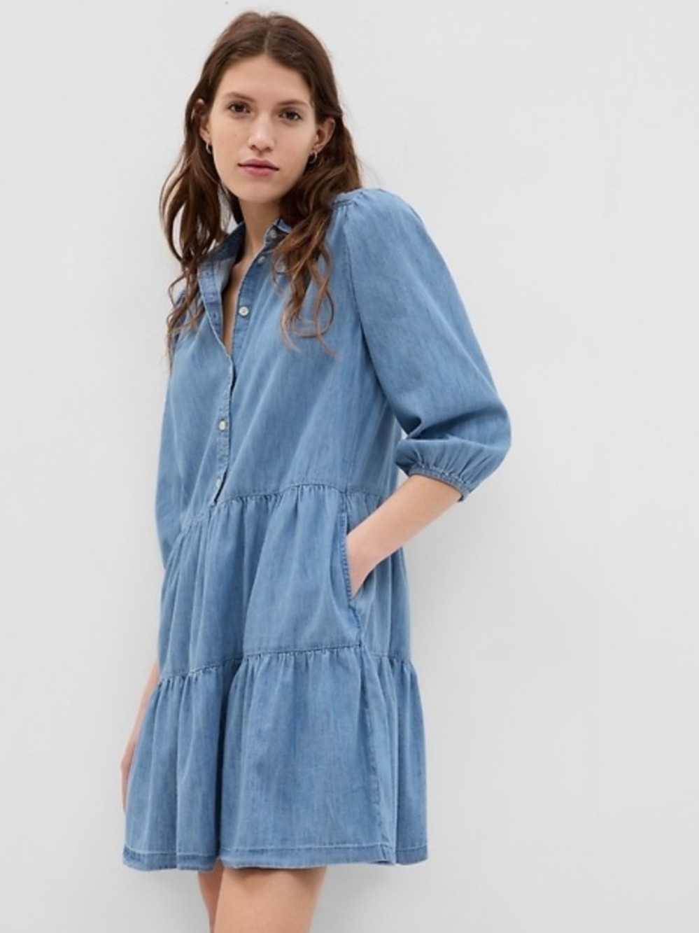 Gap Babydoll Denim Tiered Mini dress  Pockets Cottagecore Coquette Prairie S